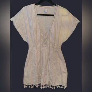 Ale by Alessandra Cream Lace-Up V-Neck Short Sleeve Boho Dress w Pockets Tassels